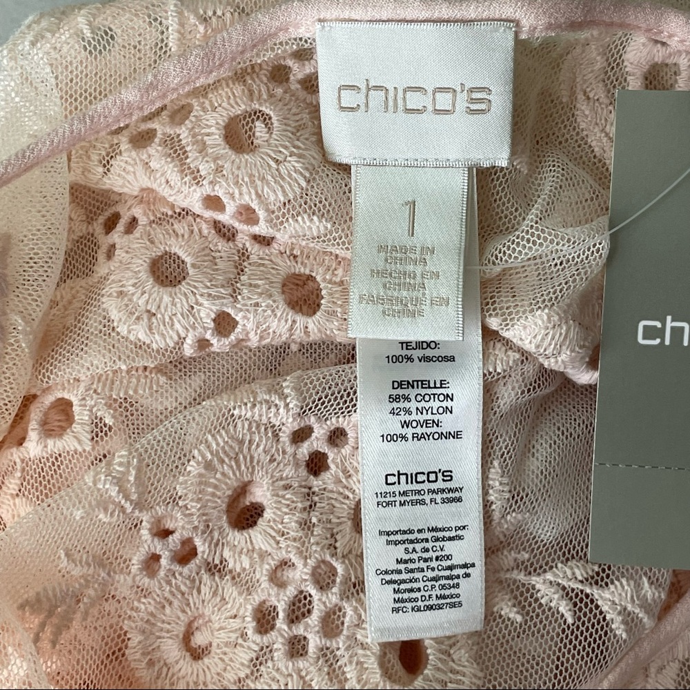CHICO’S NWT NOVELTY LACE TUNIC LONG SLEEVE FASHION TOP PALE DOGWOOD LIGHT BLUSH - Picture 8 of 12